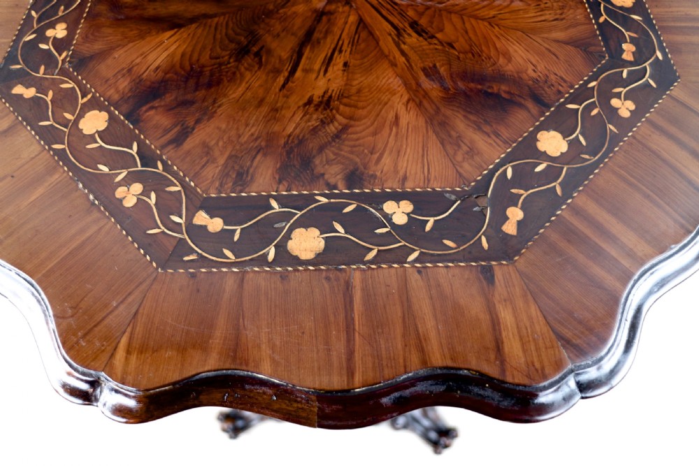 A Victorian Killarney Ware arbutus wood work table with a hinged scalloped top featuring shamrock marquetry on a faceted trumpet pedestal. View XVII