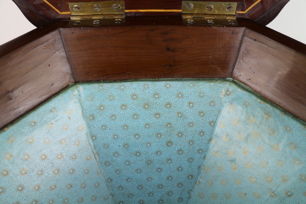 A Victorian Killarney Ware arbutus wood work table with a hinged scalloped top featuring shamrock marquetry on a faceted trumpet pedestal. View XVIII