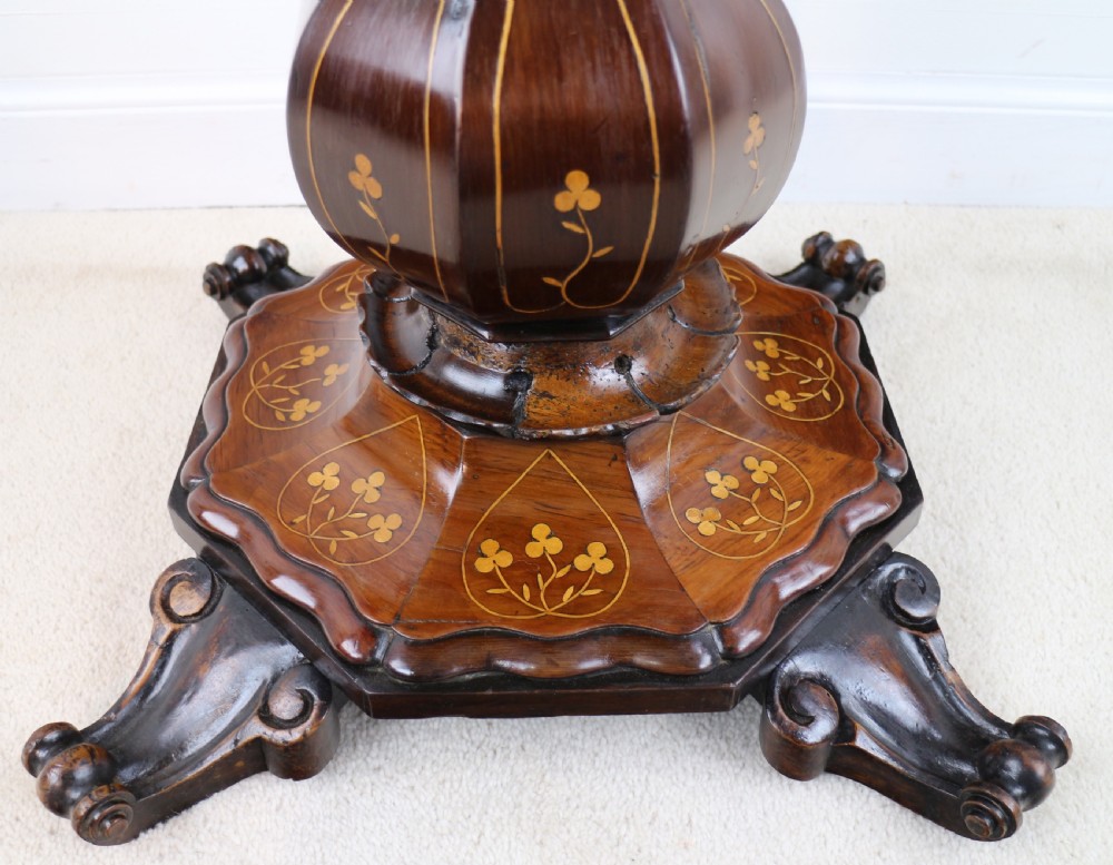 A Victorian Killarney Ware arbutus wood work table with a hinged scalloped top featuring shamrock marquetry on a faceted trumpet pedestal. View XXI