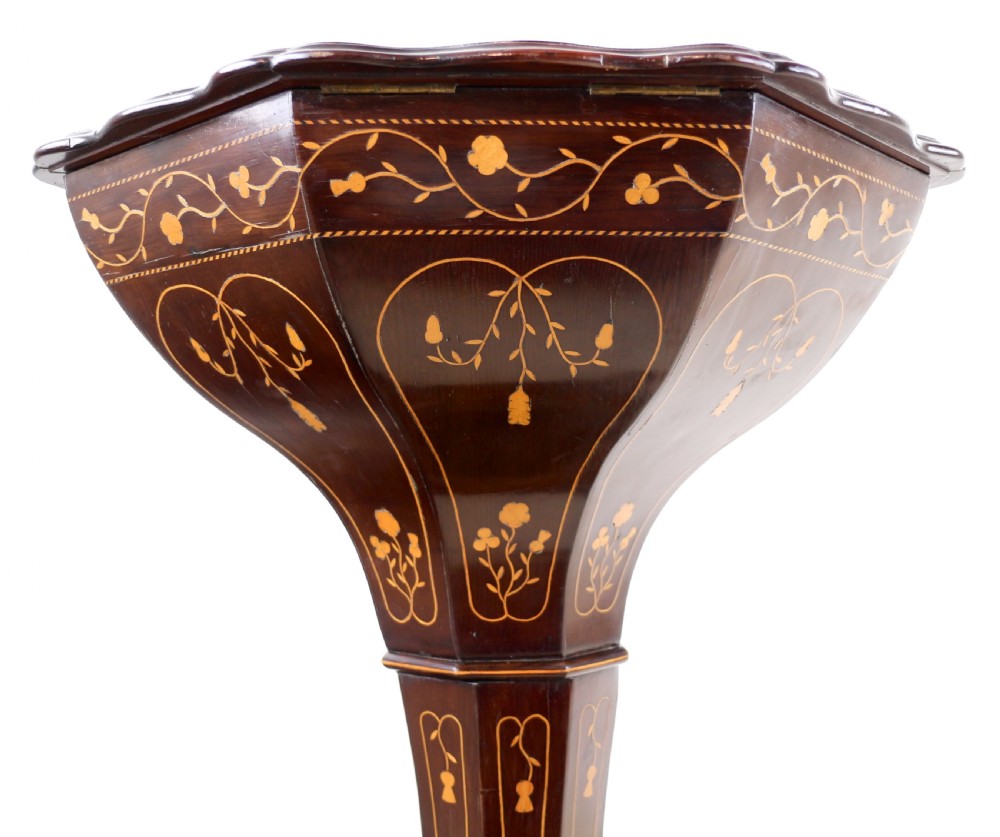 A Victorian Killarney Ware arbutus wood work table with a hinged scalloped top featuring shamrock marquetry on a faceted trumpet pedestal. View XXII