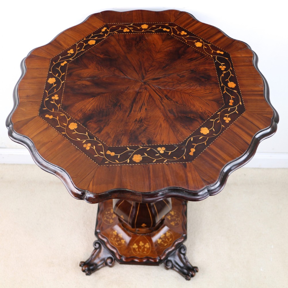 A Victorian Killarney Ware arbutus wood work table with a hinged scalloped top featuring shamrock marquetry on a faceted trumpet pedestal. View XXIV