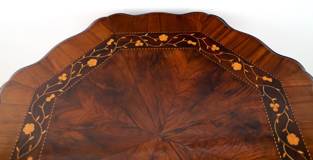 A Victorian Killarney Ware arbutus wood work table with a hinged scalloped top featuring shamrock marquetry on a faceted trumpet pedestal. View XXVIII