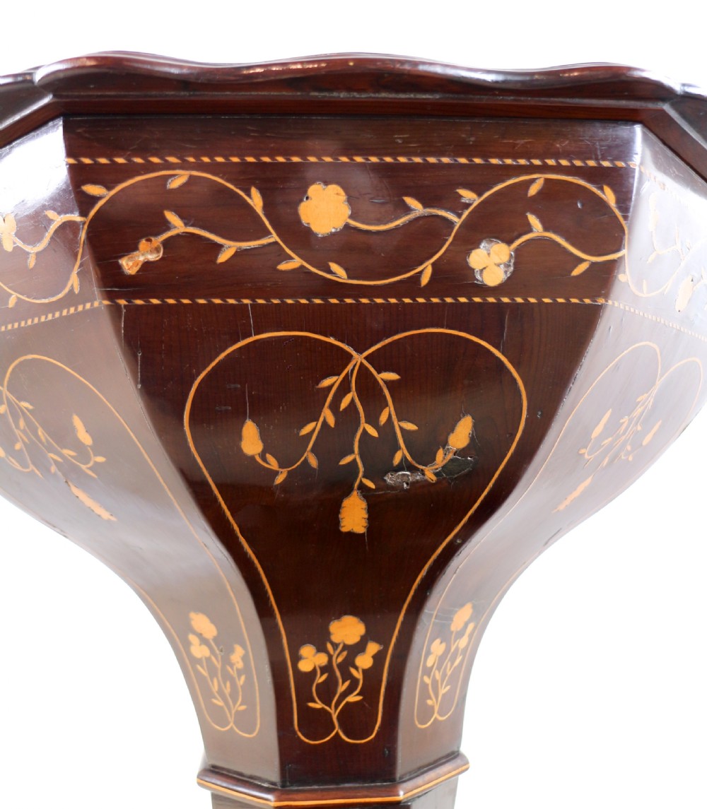 A Victorian Killarney Ware arbutus wood work table with a hinged scalloped top featuring shamrock marquetry on a faceted trumpet pedestal. View XXIX