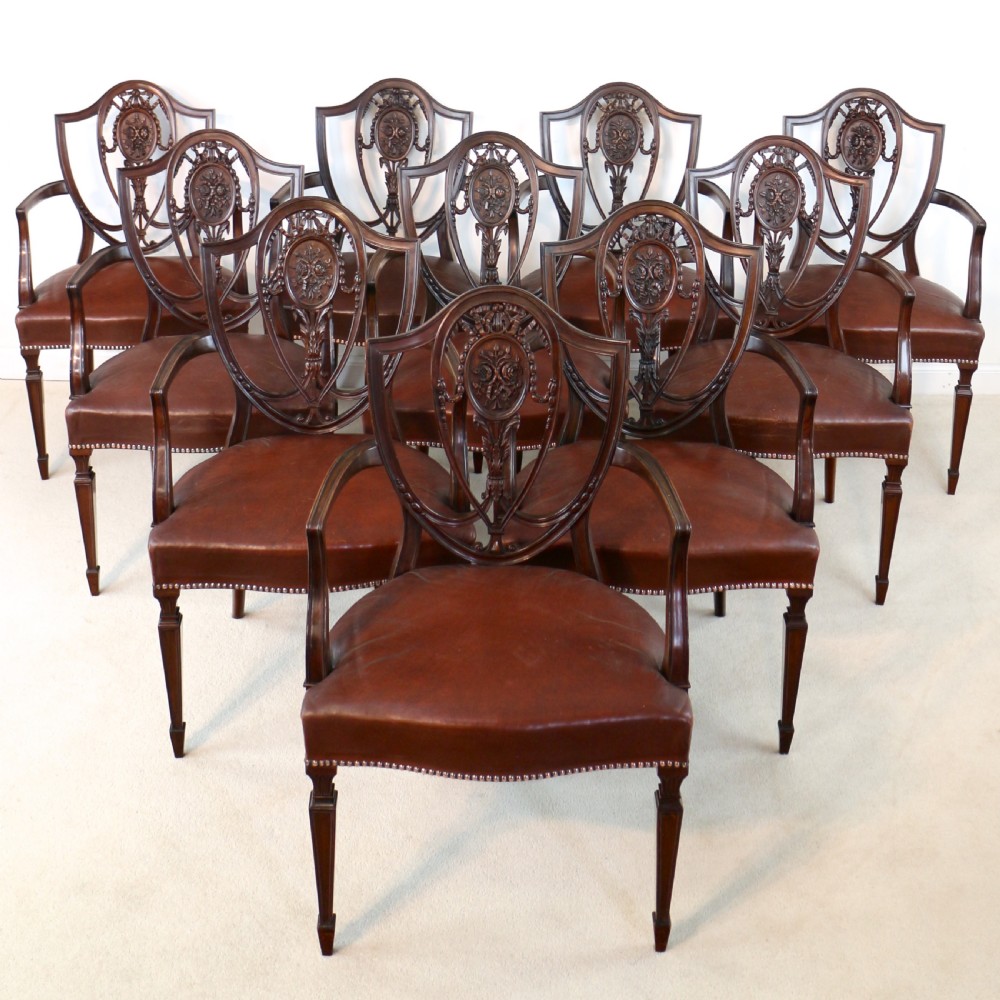 Set of 10 Victorian Hepplewhite Design Shield Back Carver Dining Chairs attributed to Gillows