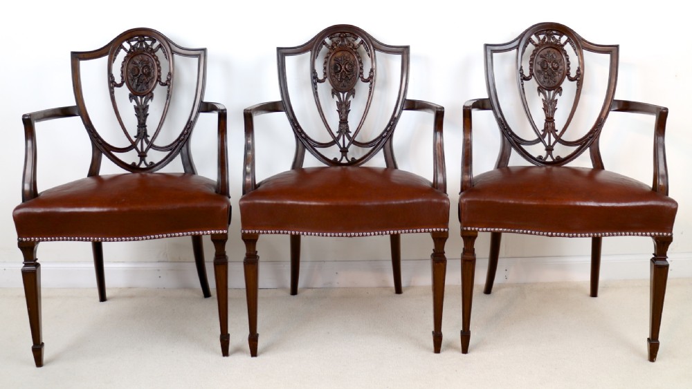 Set of 10 Victorian Hepplewhite Design Shield Back Carver Dining Chairs attributed to Gillows View II