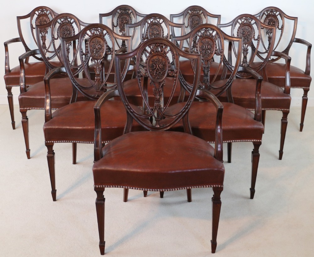 Set of 10 Victorian Hepplewhite Design Shield Back Carver Dining Chairs attributed to Gillows View VIII