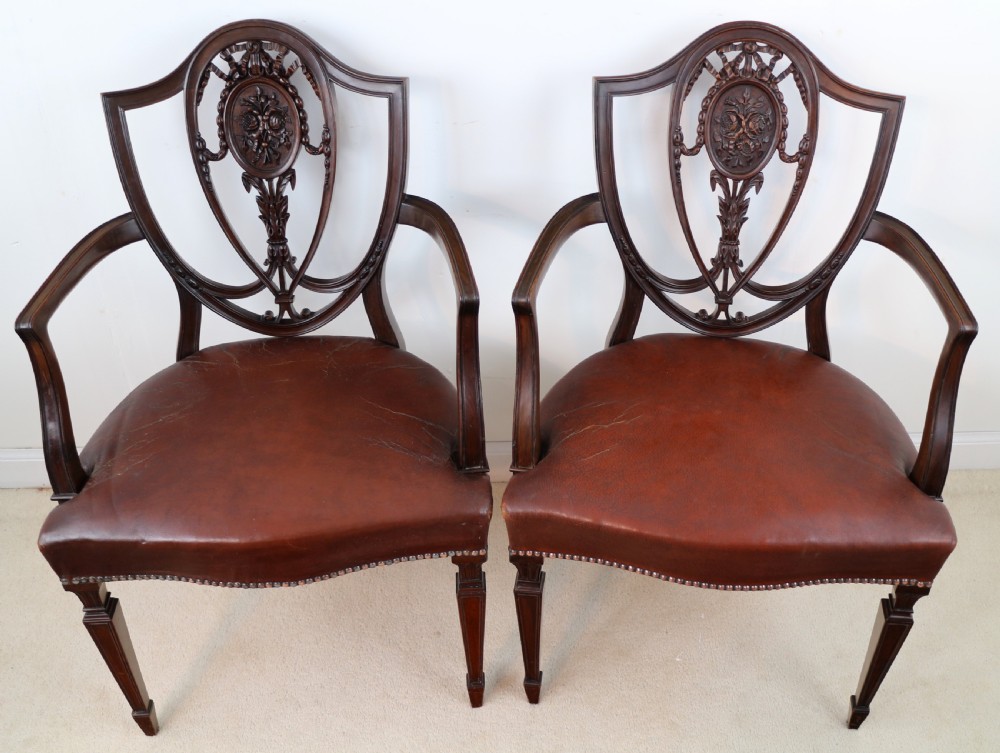 Set of 10 Victorian Hepplewhite Design Shield Back Carver Dining Chairs attributed to Gillows View IX