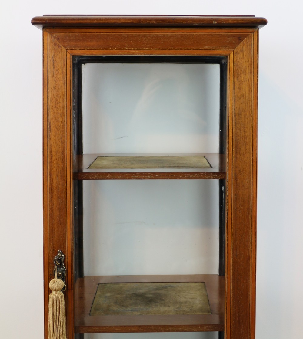 A tall Edwardian mahogany glazed bijouterie cabinet featuring glass panels on all sides, two interior shelves, square tapered legs, and satinwood crossbanding. View V