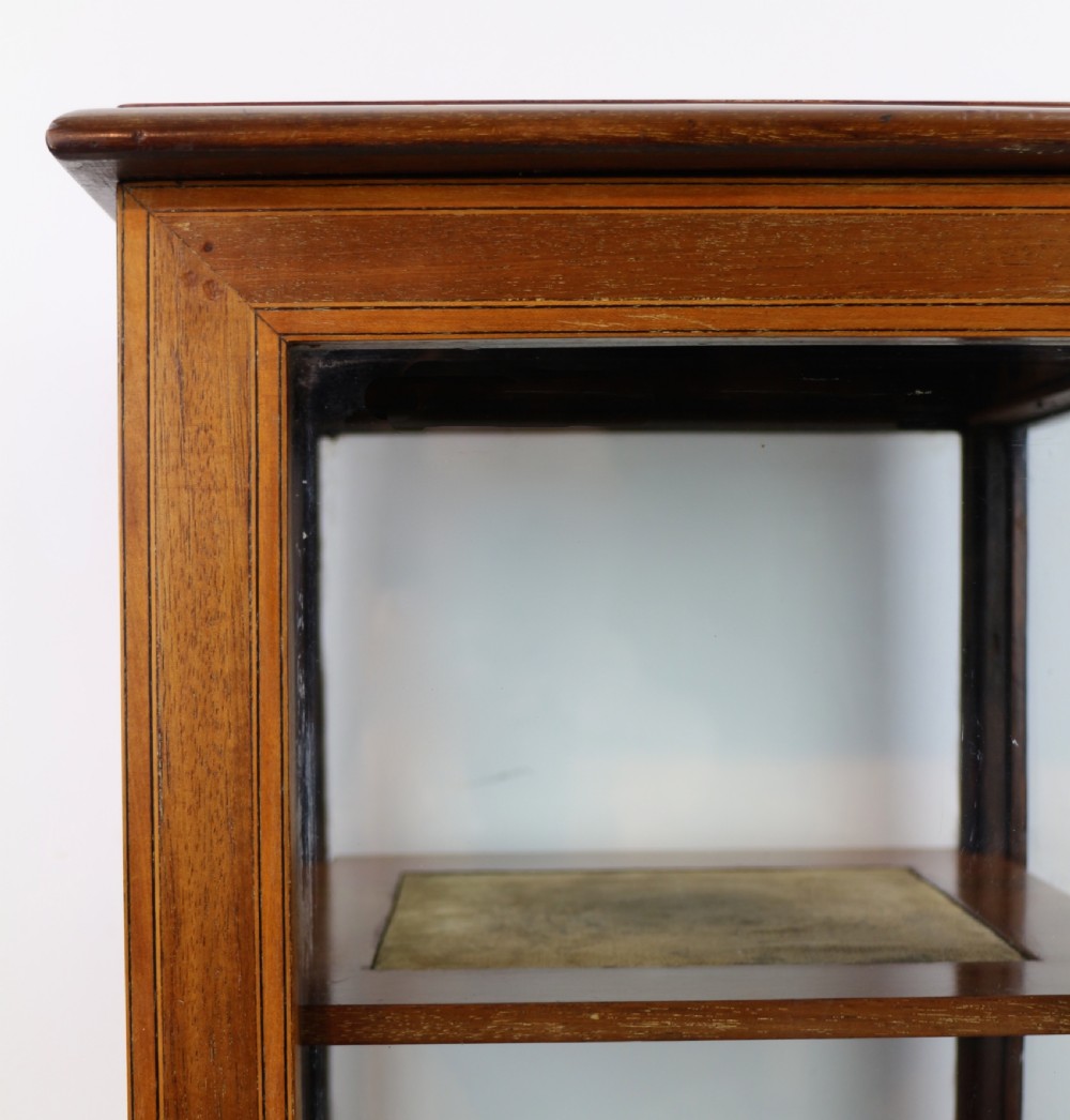 A tall Edwardian mahogany glazed bijouterie cabinet featuring glass panels on all sides, two interior shelves, square tapered legs, and satinwood crossbanding. View VIII