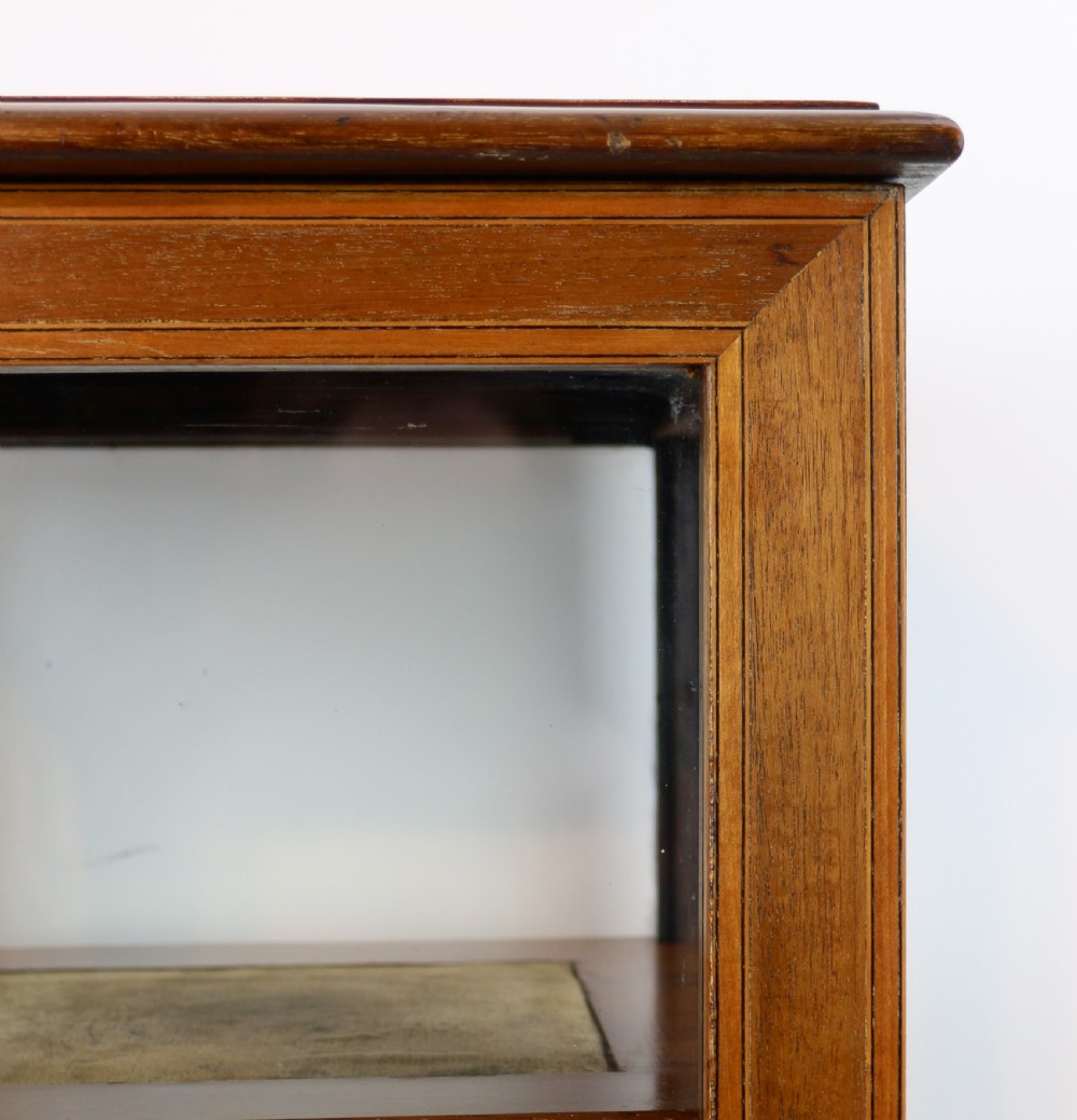 A tall Edwardian mahogany glazed bijouterie cabinet featuring glass panels on all sides, two interior shelves, square tapered legs, and satinwood crossbanding. View IX