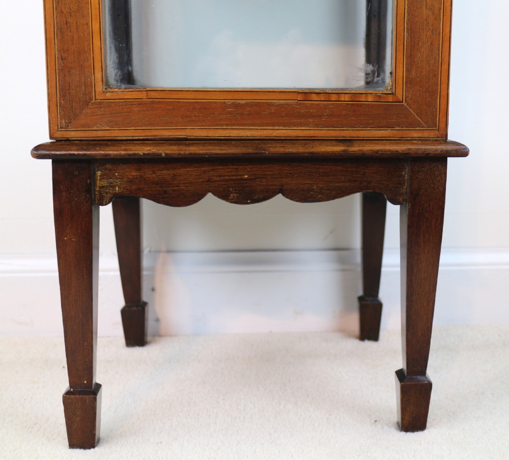 A tall Edwardian mahogany glazed bijouterie cabinet featuring glass panels on all sides, two interior shelves, square tapered legs, and satinwood crossbanding. View X