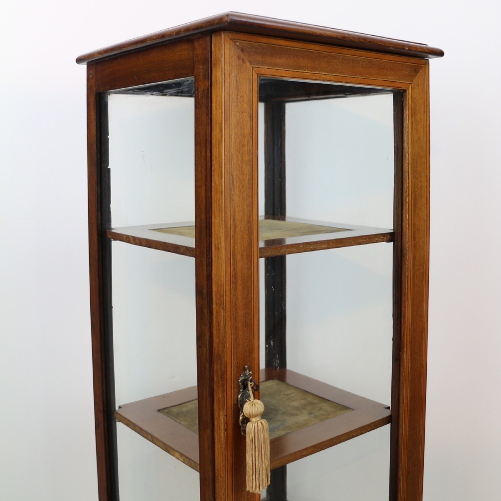 A tall Edwardian mahogany glazed bijouterie cabinet featuring glass panels on all sides, two interior shelves, square tapered legs, and satinwood crossbanding. View XIV
