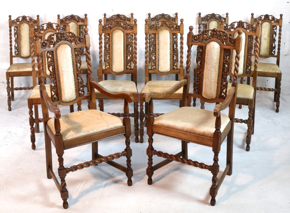 Set of 12 Jacobean Carved Oak Dining Chairs