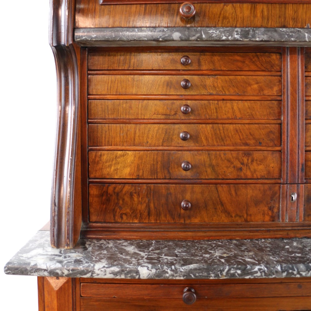 A 19th-century Victorian burr walnut dentist cabinet with a roll-top upper section, shallow drawers, grey marble work surface, and lower two-door cupboard. View IX