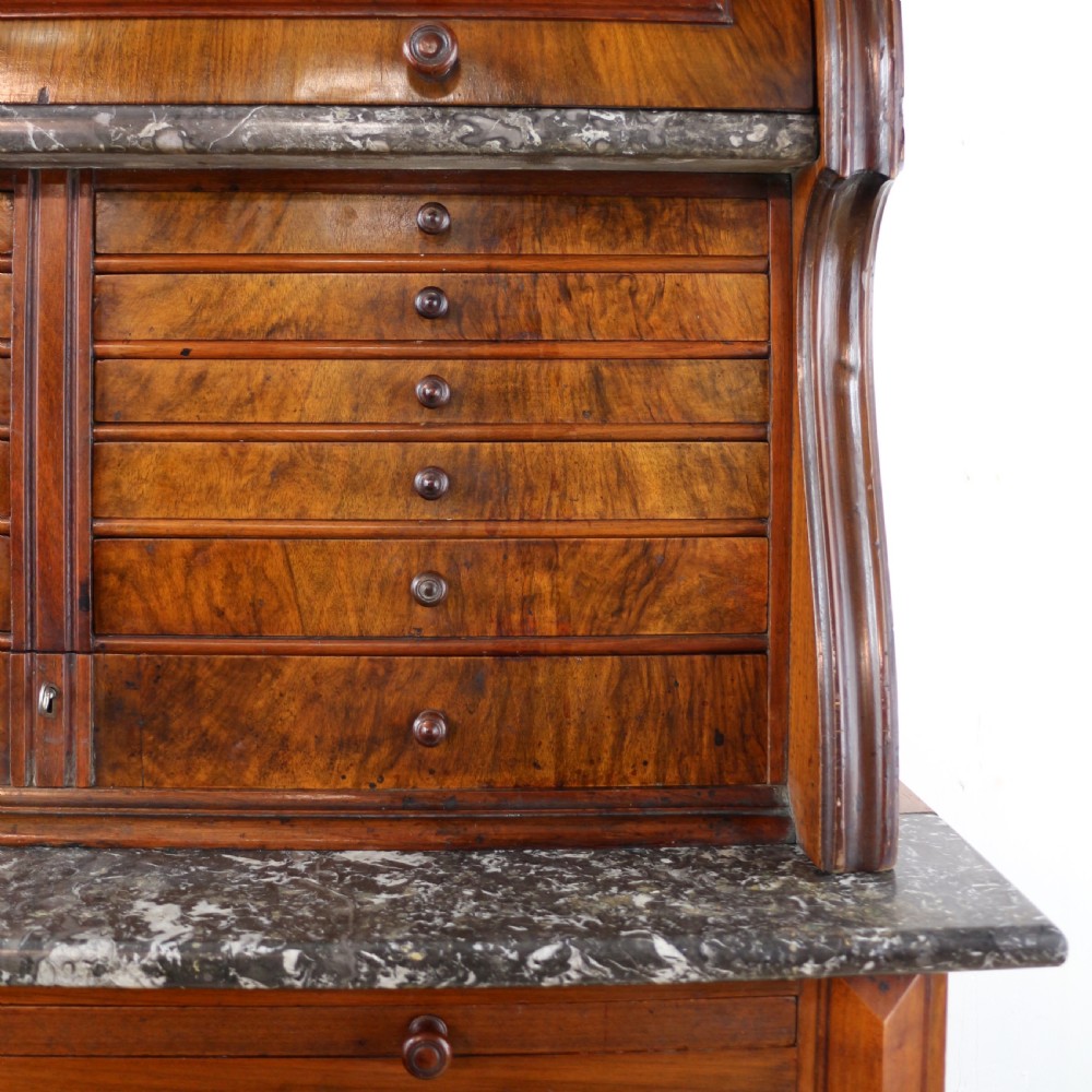 A 19th-century Victorian burr walnut dentist cabinet with a roll-top upper section, shallow drawers, grey marble work surface, and lower two-door cupboard. View X