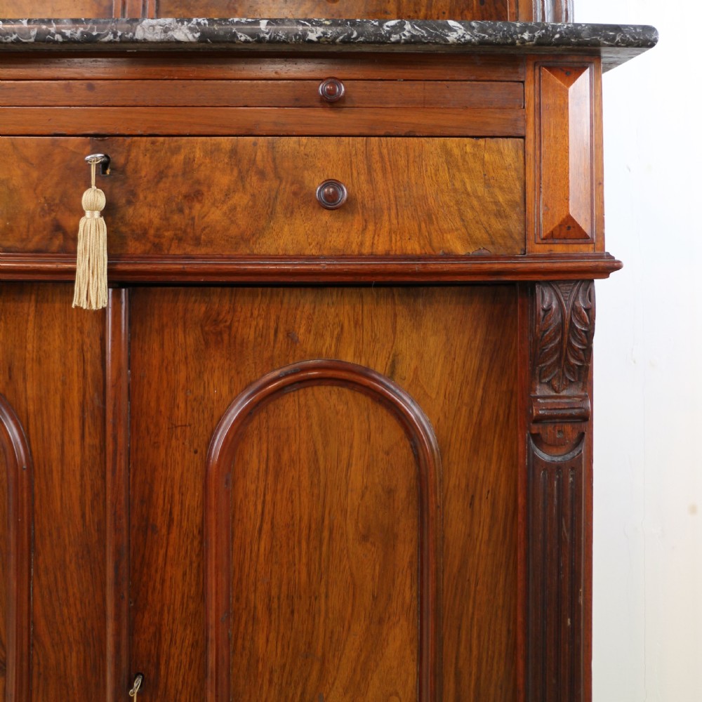 A 19th-century Victorian burr walnut dentist cabinet with a roll-top upper section, shallow drawers, grey marble work surface, and lower two-door cupboard. View XII