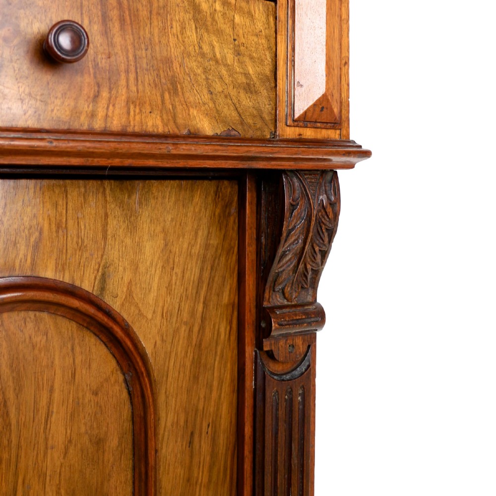 A 19th-century Victorian burr walnut dentist cabinet with a roll-top upper section, shallow drawers, grey marble work surface, and lower two-door cupboard. View XVI