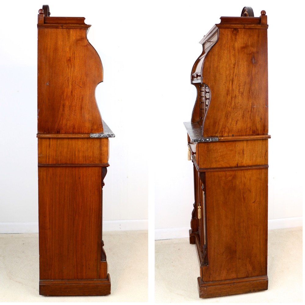 A 19th-century Victorian burr walnut dentist cabinet with a roll-top upper section, shallow drawers, grey marble work surface, and lower two-door cupboard. View XXVI