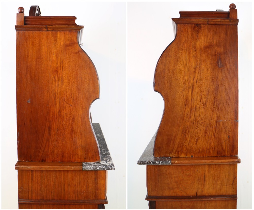 A 19th-century Victorian burr walnut dentist cabinet with a roll-top upper section, shallow drawers, grey marble work surface, and lower two-door cupboard. View XXVII