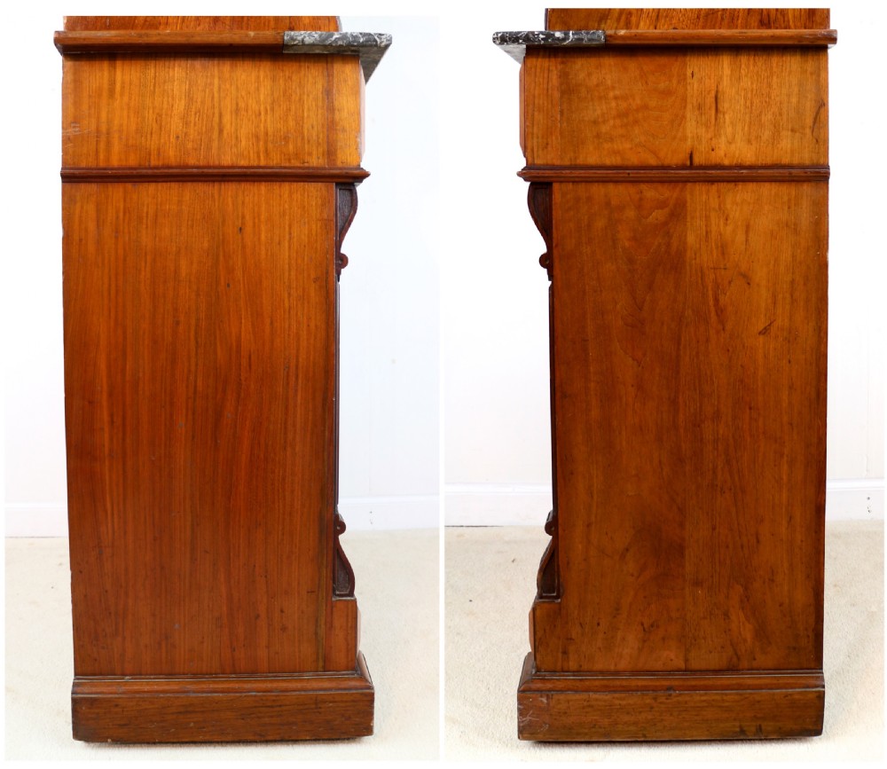 A 19th-century Victorian burr walnut dentist cabinet with a roll-top upper section, shallow drawers, grey marble work surface, and lower two-door cupboard. View XXX