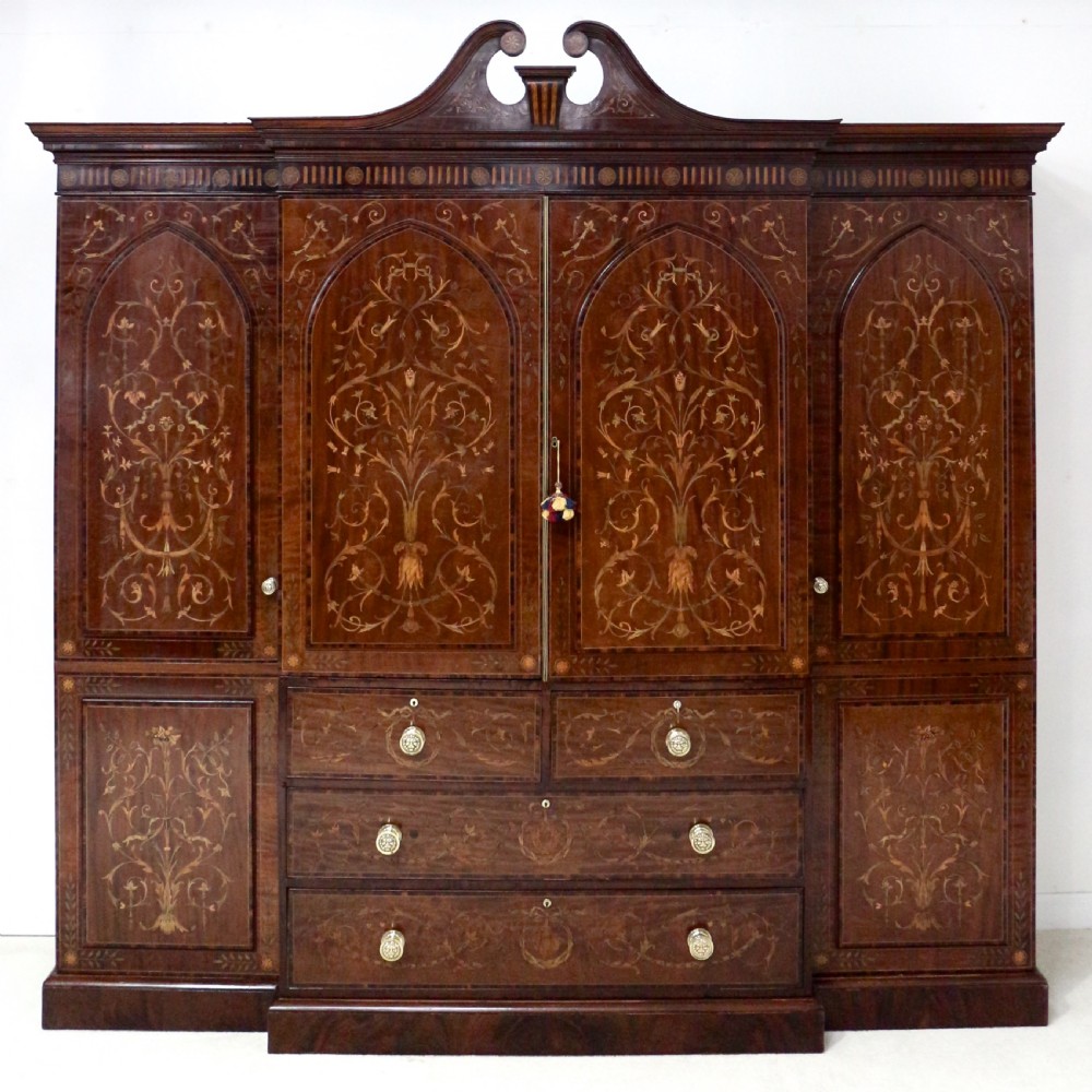 19th Century Mahogany & Marquetry Fitted Wardrobe by Edwards & Roberts of London