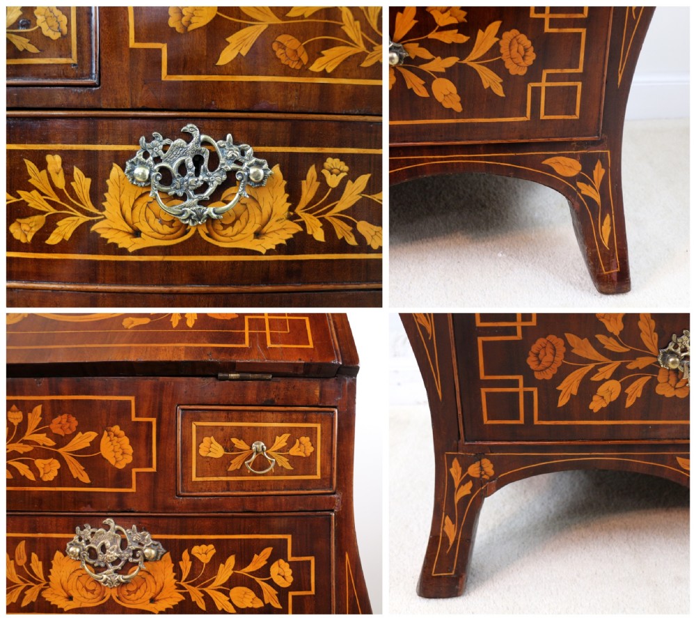 A 19th-century Dutch walnut bombe bureau decorated with intricate floral marquetry, featuring a slant front and curved drawers with brass handles. View XXIV