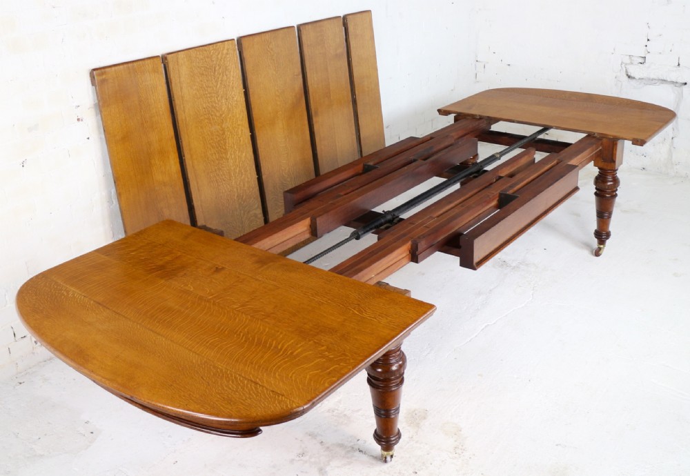 Early Victorian Oak Extending Dining Table & 5 Leaves, 12 ft View IX