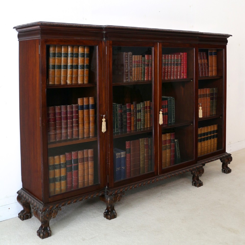 Victorian Breakfront Carved Mahogany Glazed Bookcase