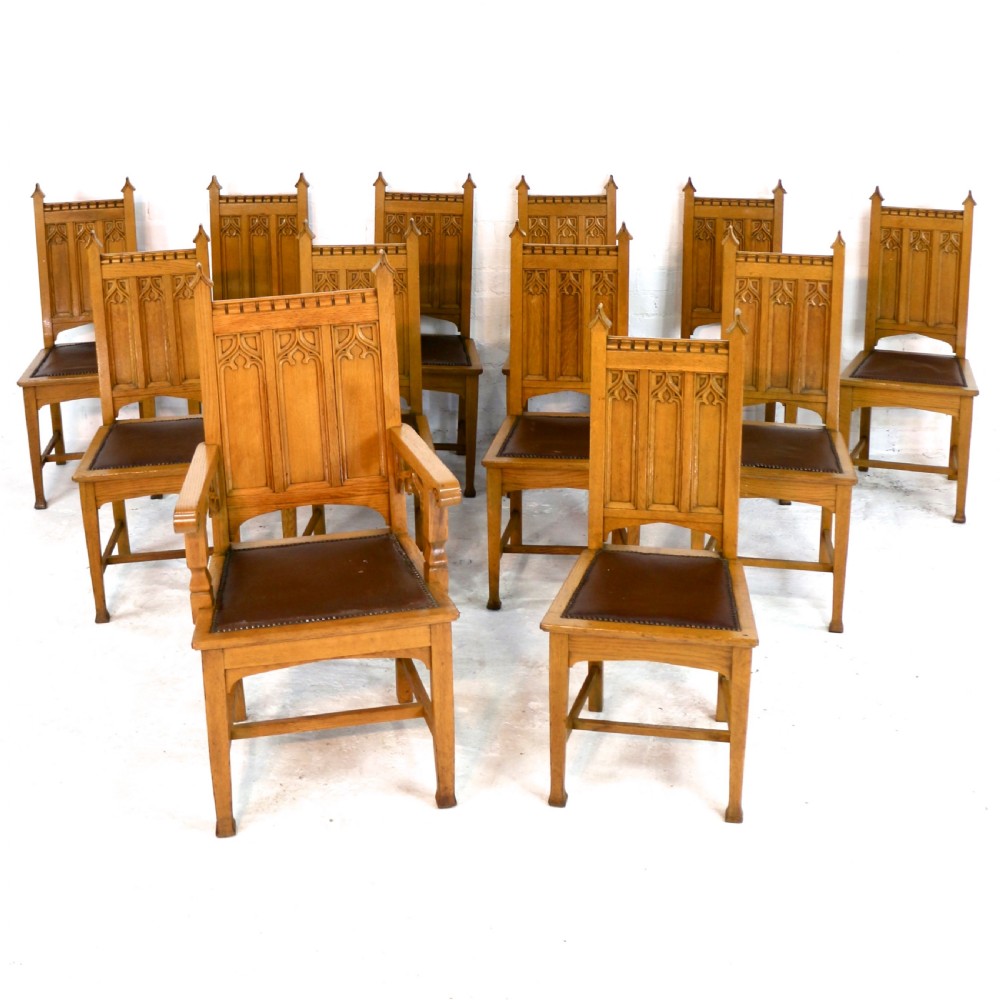 Set of Twelve Gothic Revival Arts & Crafts Oak Dining Chairs, Attributed to Shapland & Petter (12)