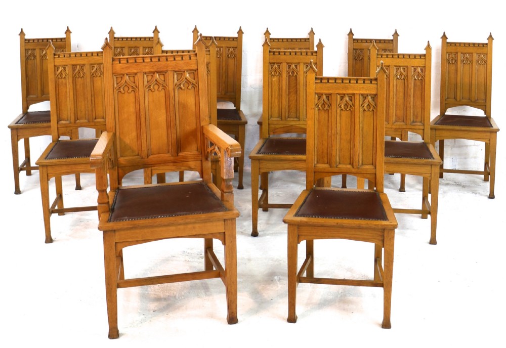 Set of Twelve Gothic Revival Arts & Crafts Oak Dining Chairs, Attributed to Shapland & Petter (12) View II