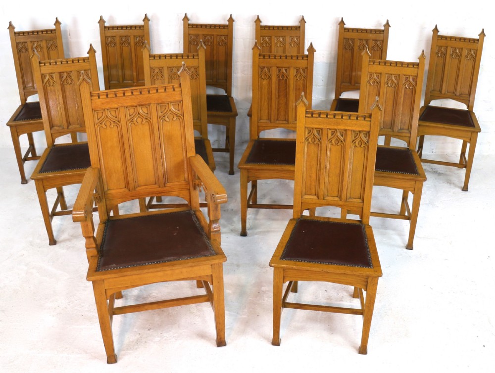 Set of Twelve Gothic Revival Arts & Crafts Oak Dining Chairs, Attributed to Shapland & Petter (12) View XIX