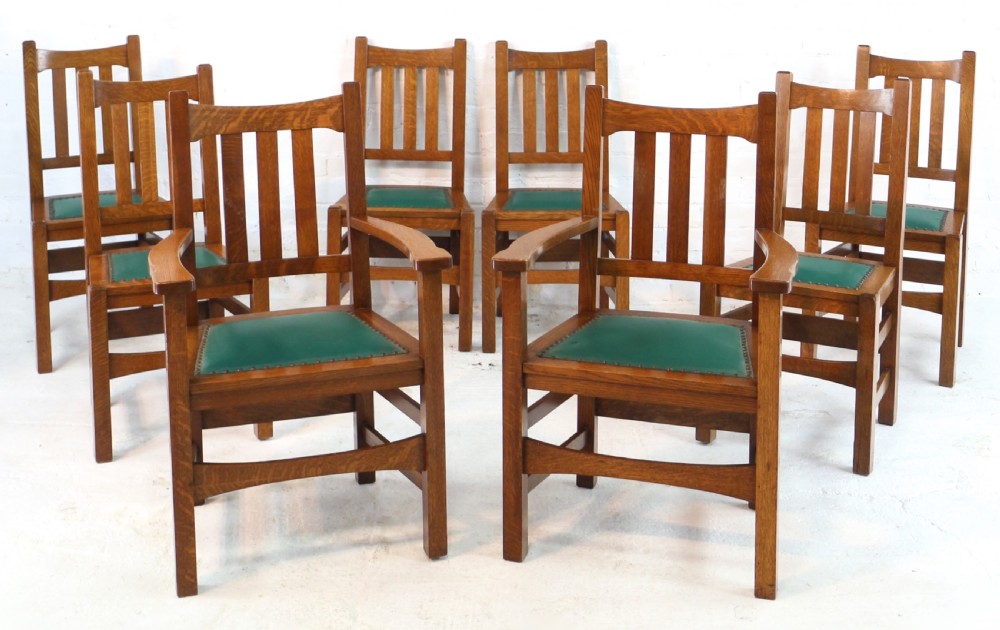 Set of Eight American Arts & Crafts Mission Oak Dining Chairs by Stickley Brothers (8) View VI