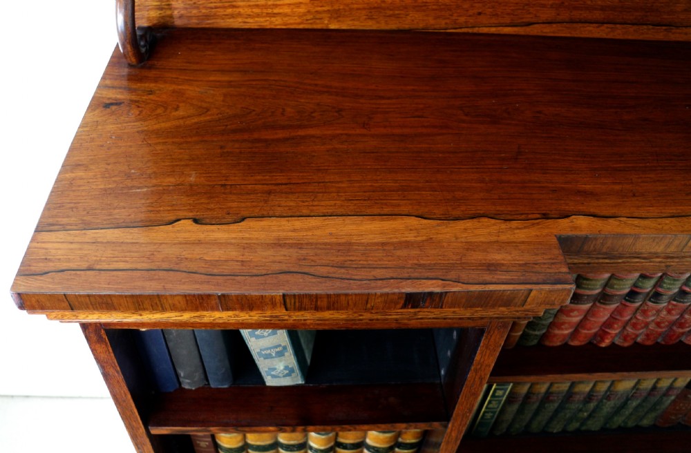 An antique Regency open rosewood bookcase featuring an inverted breakfront profile, multi-tier shelving, and an intricately carved fretwork gallery. View XIII
