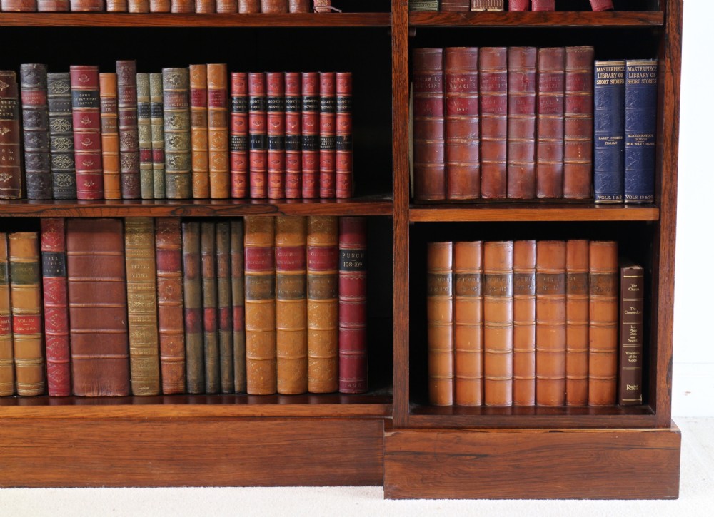 An antique Regency open rosewood bookcase featuring an inverted breakfront profile, multi-tier shelving, and an intricately carved fretwork gallery. View XVIII