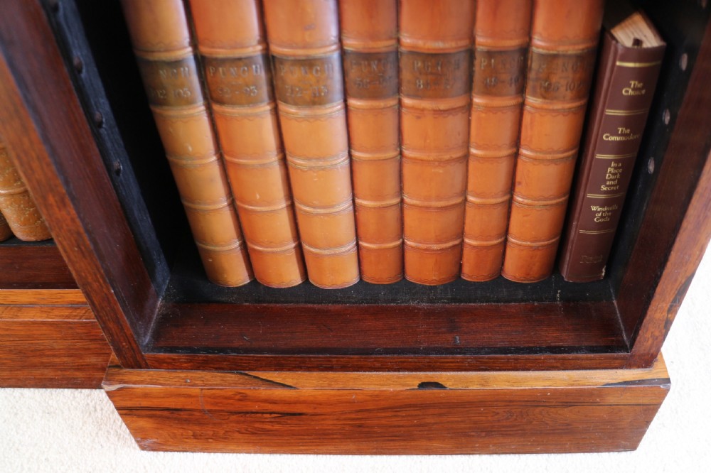 An antique Regency open rosewood bookcase featuring an inverted breakfront profile, multi-tier shelving, and an intricately carved fretwork gallery. View XXIV