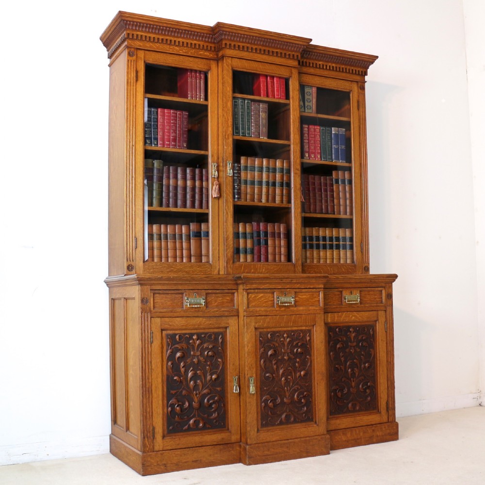 Victorian Art Nouveau Oak Breakfront Bookcase Attributed to Maple & Co