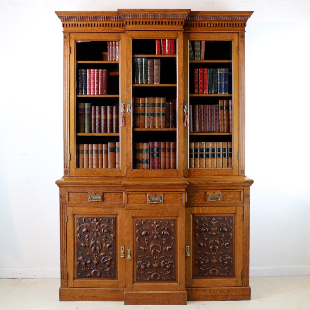 Victorian Art Nouveau Oak Breakfront Bookcase Attributed to Maple & Co View II
