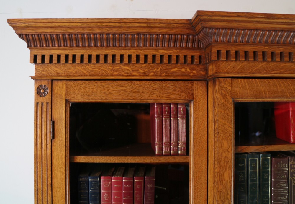 Victorian Art Nouveau Oak Breakfront Bookcase Attributed to Maple & Co View III