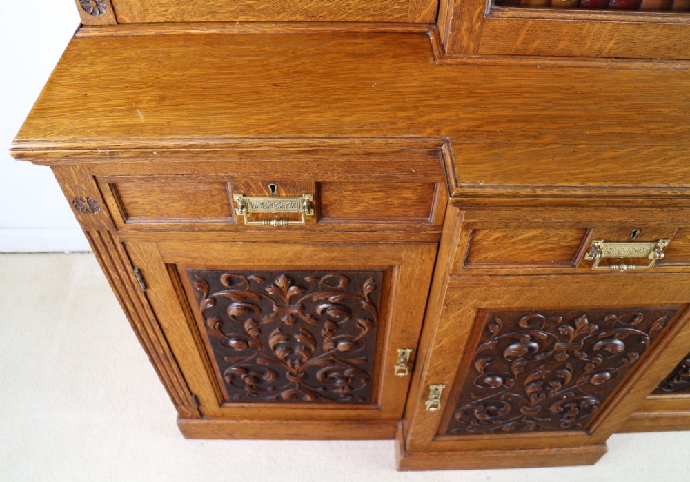 Victorian Art Nouveau Oak Breakfront Bookcase Attributed to Maple & Co View XI