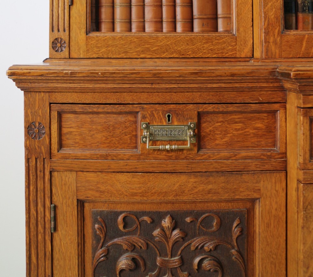 Victorian Art Nouveau Oak Breakfront Bookcase Attributed to Maple & Co View XIII