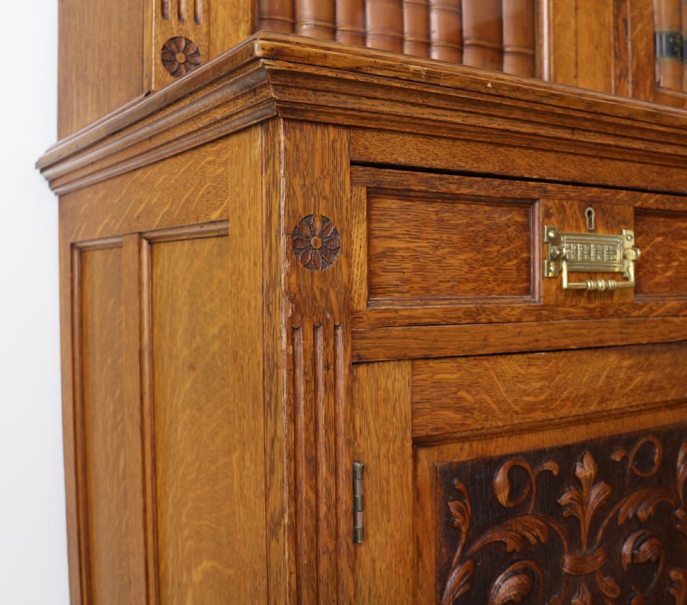 Victorian Art Nouveau Oak Breakfront Bookcase Attributed to Maple & Co View XIV