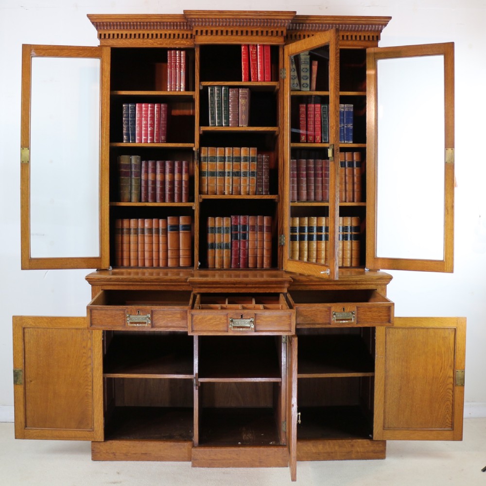 Victorian Art Nouveau Oak Breakfront Bookcase Attributed to Maple & Co View XVIII
