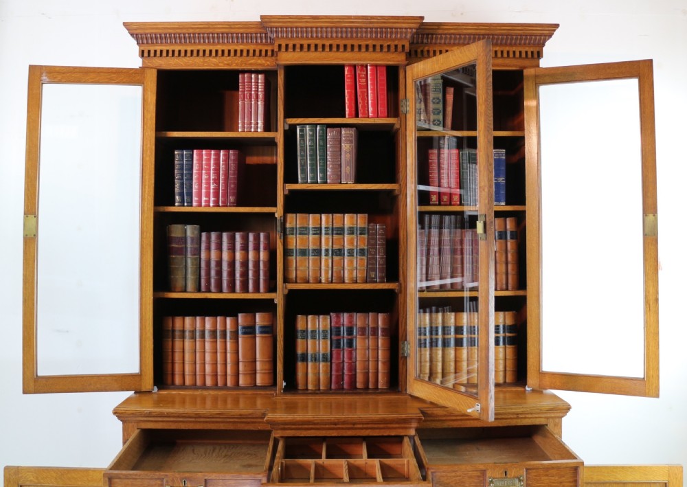 Victorian Art Nouveau Oak Breakfront Bookcase Attributed to Maple & Co View XIX