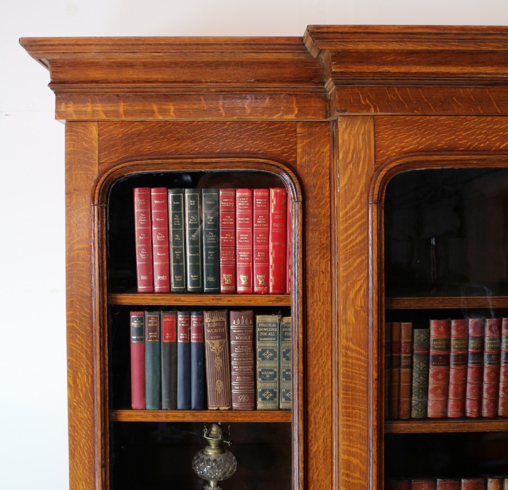 A large William IV golden oak breakfront bookcase featuring glazed upper doors above panelled wooden cupboard doors. View VIII