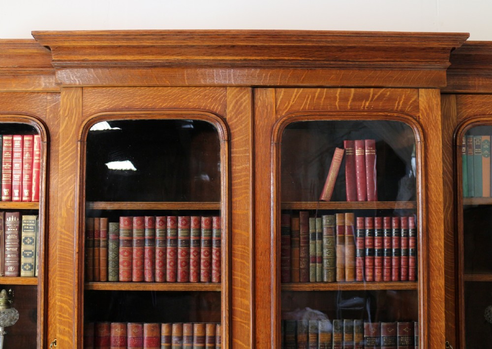 A large William IV golden oak breakfront bookcase featuring glazed upper doors above panelled wooden cupboard doors. View IX