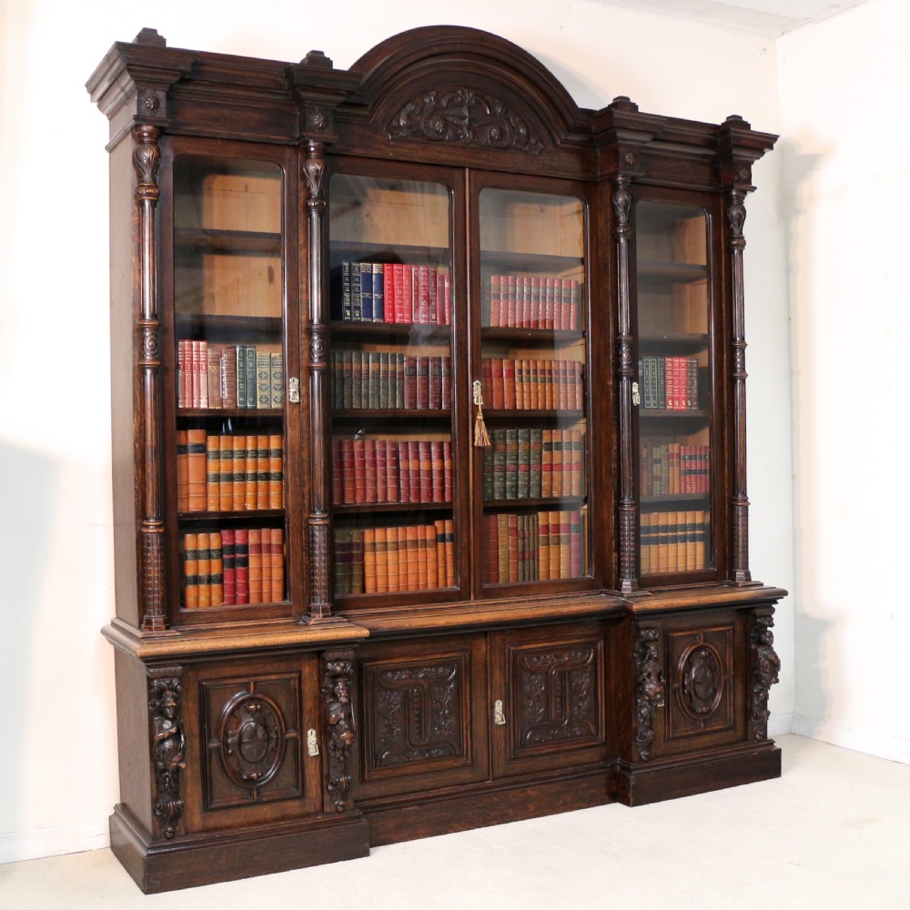 Large Victorian Carved Oak Elizabethan Revival Breakfront Bookcase by Wylie & Lochhead