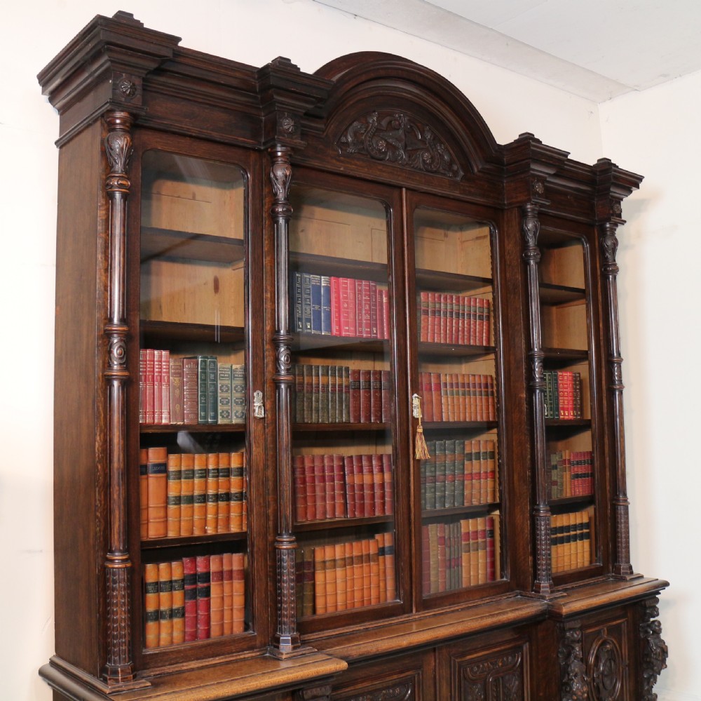 Large Victorian Carved Oak Elizabethan Revival Breakfront Bookcase by Wylie & Lochhead View II