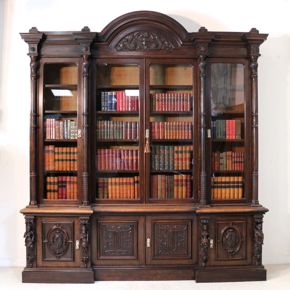 Large Victorian Carved Oak Elizabethan Revival Breakfront Bookcase by Wylie & Lochhead View III