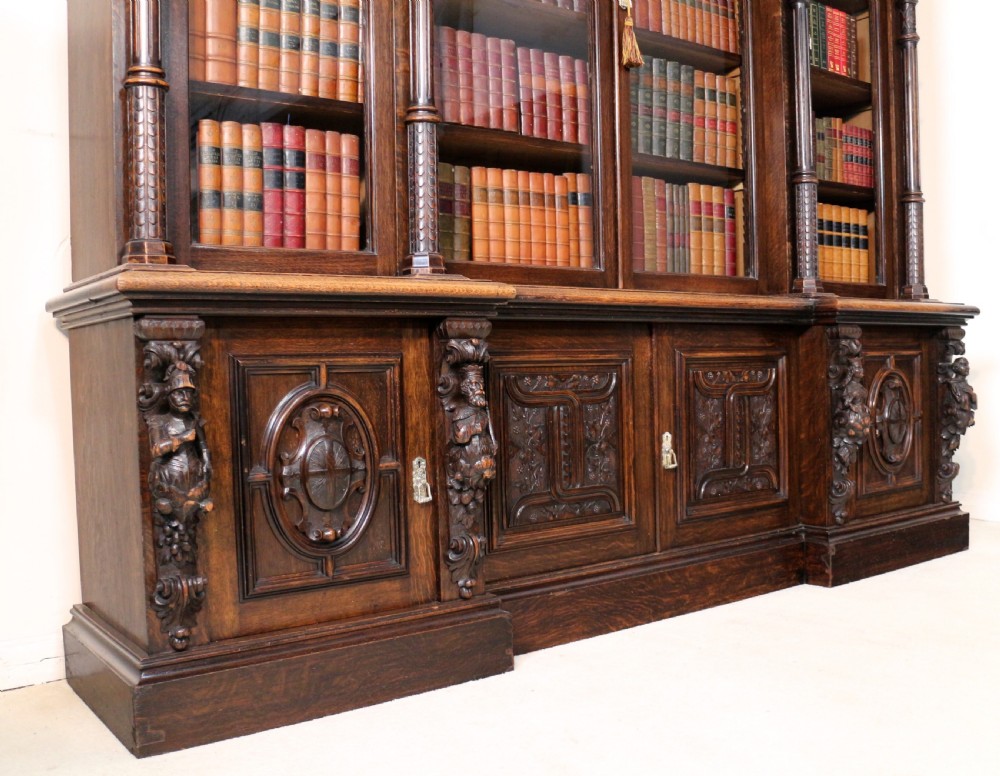 Large Victorian Carved Oak Elizabethan Revival Breakfront Bookcase by Wylie & Lochhead View V