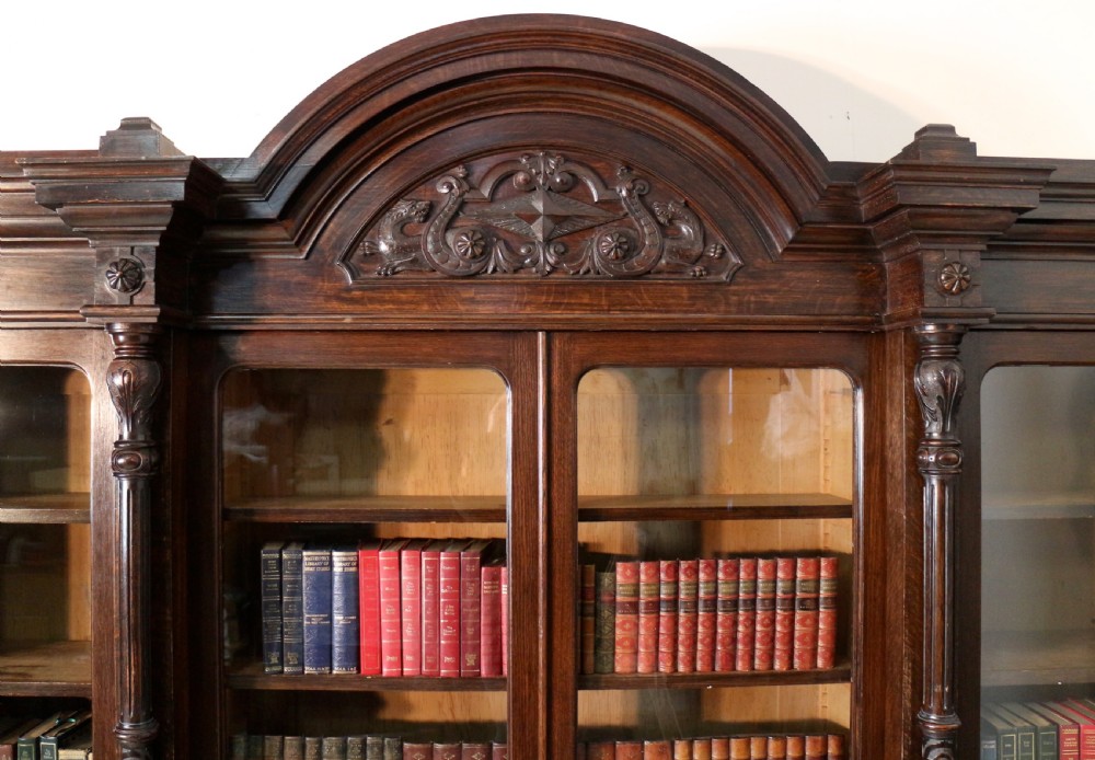 Large Victorian Carved Oak Elizabethan Revival Breakfront Bookcase by Wylie & Lochhead View VI